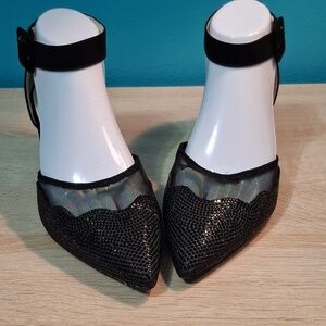 Anne Klein Iflex FRANCINE Black Sparkle Pointed-Toe Ankle Strap Heels